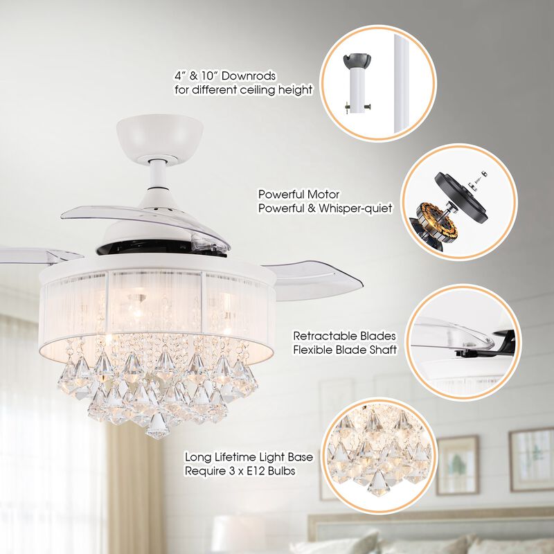 36 in. White Retractable 3 Blades Crystal Ceiling Fan Chandelier with Remote