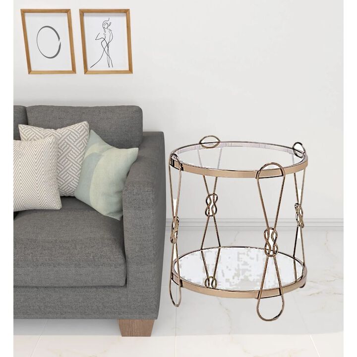 Homezia 23" Gold Mirrored And Metal Round End Table With Shelf
