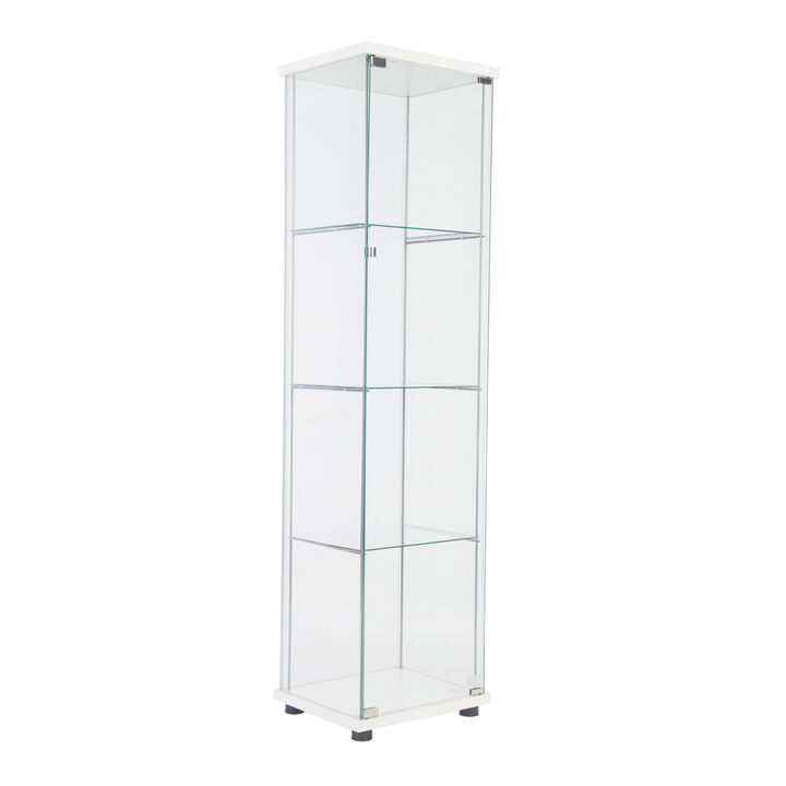 One Door Glass Cabinet Glass Display Cabinet with 4 Shelves, White