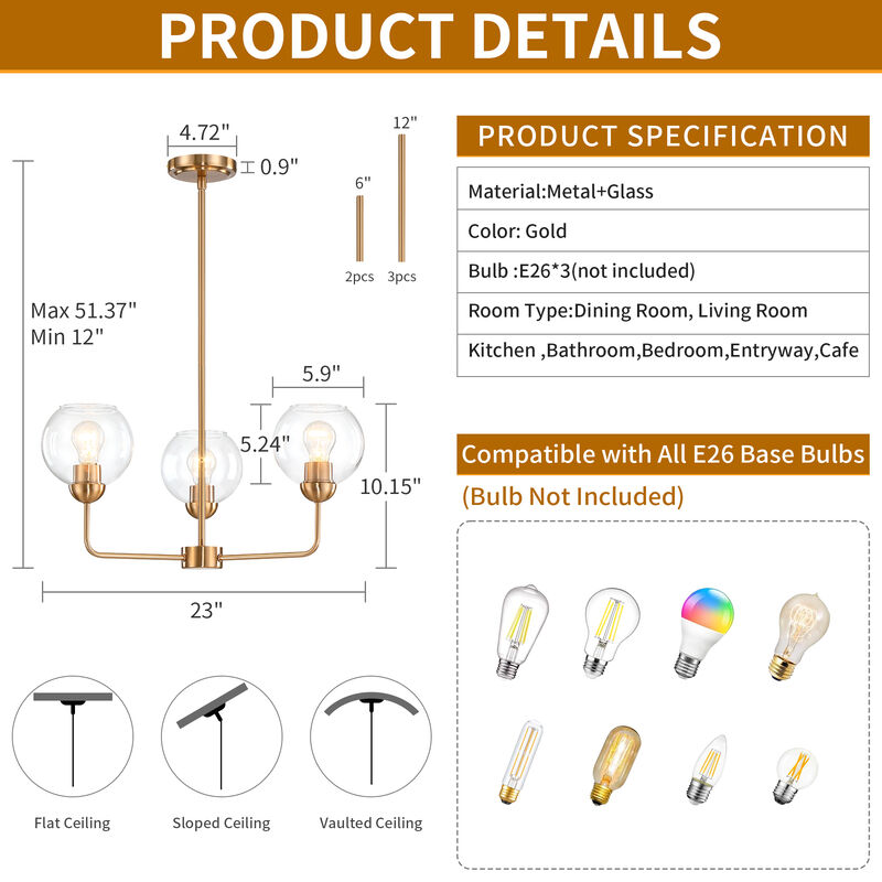 23" Modern Vintage 3-Light Antique Brass Dimmable Chandelier image number 2