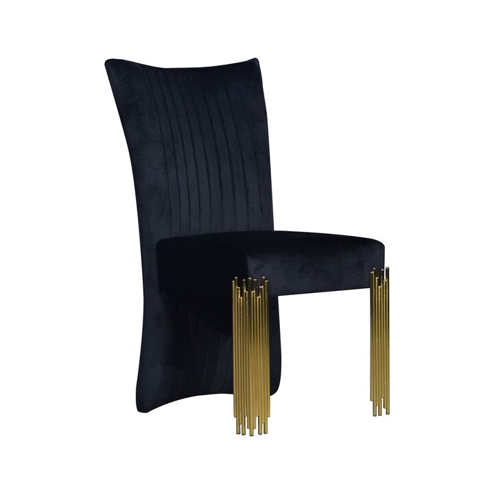 Theo Dining Chair Set of 2, Retro Midnight Black Velvet, Gold Metal - Benzara