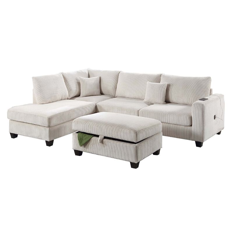 Roe 3pc Sectional Sofa Set with Chaise, Ottoman, 2 Pillows, Ivory - Benzara