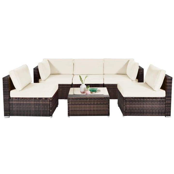 Mondawe Modular 7-Pcs Design PE Rattan Sofa Set,With 50K BTU Fire Pit & Detachable Cushions Chair