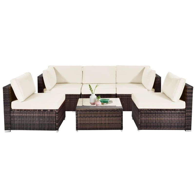 Mondawe Modular 7-Pcs Design PE Rattan Sofa Set,With 50K BTU Fire Pit & Detachable Cushions Chair