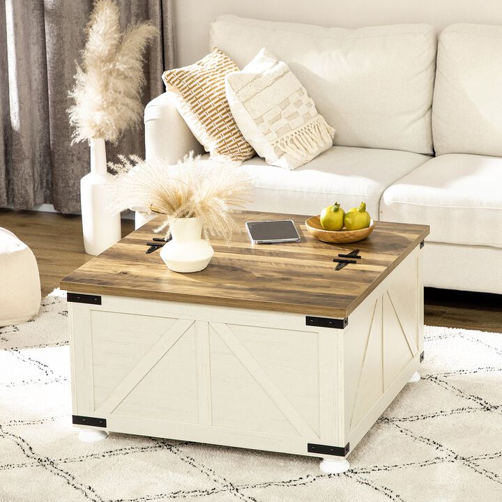 Antique White Living Room: Square Farmhouse Coffee Table with Hidden Storage