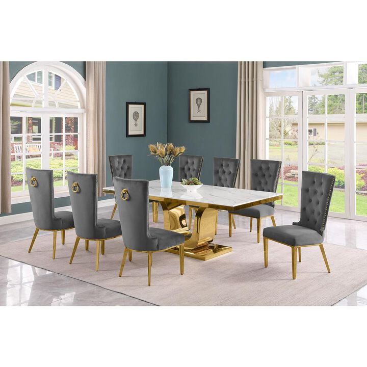 9pc Large(78") marble top dining set with gold base and 8 Dark grey side chairs