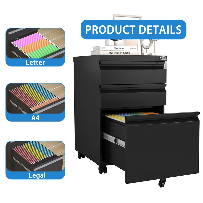 3 Drawer Mobile File Cabinet with Lock,Metal Filing Cabinets for Home Office Organizer Letters/Legal/A4,Fully Assembled image number 3