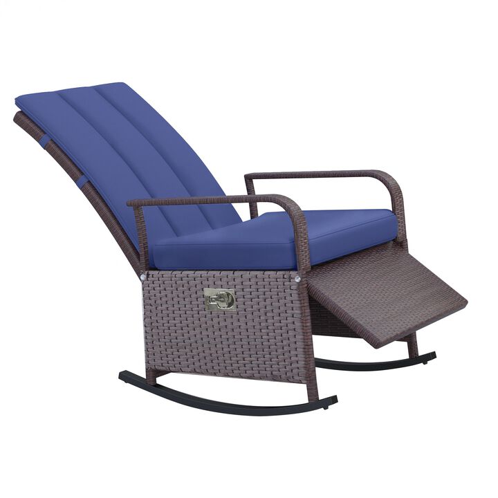 Blue Outdoor Rattan Wicker Rocking Chair: Patio Recliner with Soft Cushion, Adjustable Footrest, Max. 135 Degree Backrest