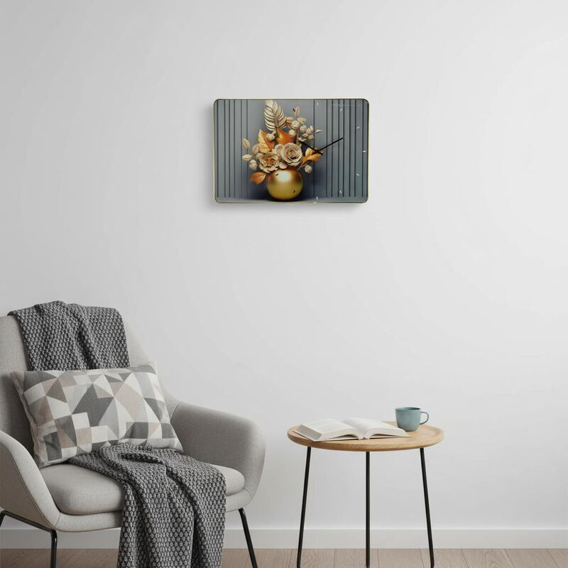 HomeRoots 24" Beige Gold And Gray Solid Wood and Acrylic Silent Analog Floral Wall Clock image number 1