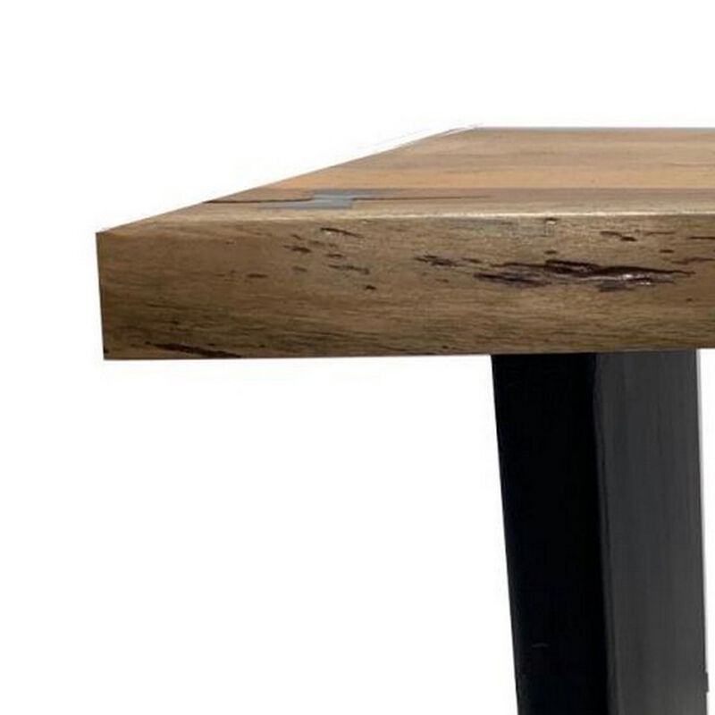 Mya 23 Inch Square End Table with Live Edge Wood Top, Wide Black Iron Legs