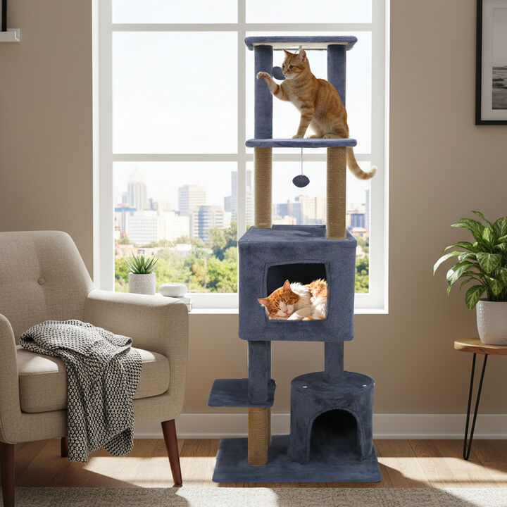 64" Cat Tree Tower with Two Large Condos and Jute Scratching Posts