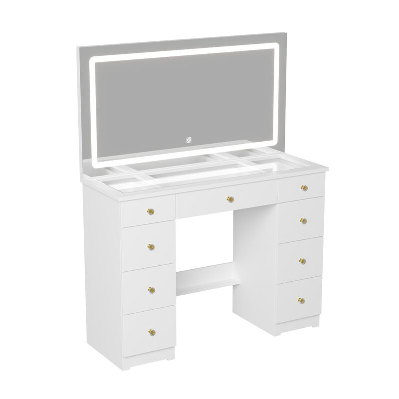 FUFU&GAGA Large Mirror Vanity Dresser with 9 Drawers & LED Lighting, Tempered Glass Top, Open Shelf, and Crystal Knobs, Modern White Finish (43.3 in.  W x 15 in.  D x 55 in.  H),White