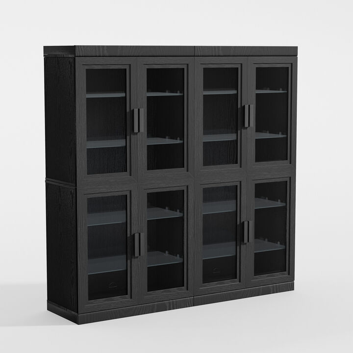 62" High Black Glass Door Wood Grain Decorative Storage Cabinet Display Cabinet, with Sufficient Space for 12 Shelves