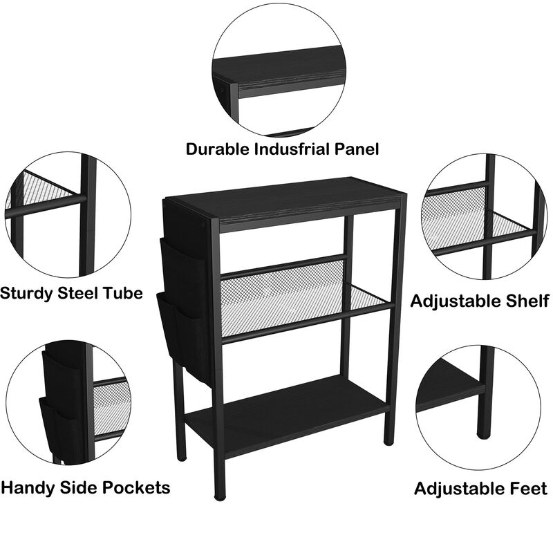 Yusong Small Narrow Side Table for Small Spaces, Slim End Table with Storage Bag, Sofa Snack Table with Adjustable Metal Mesh, 3