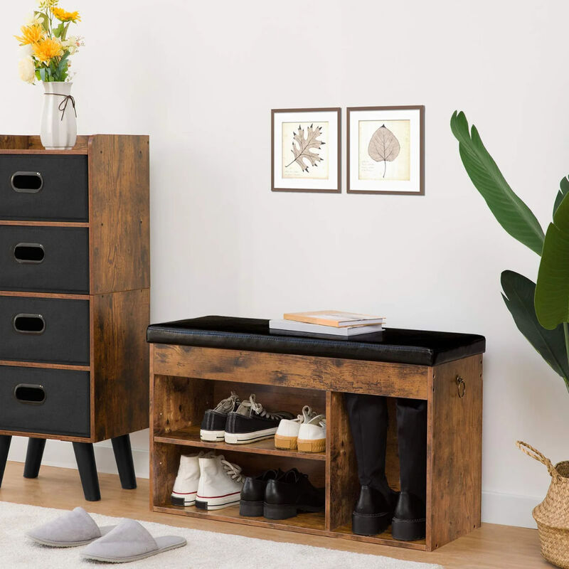 Entryway Shoe Storage Bench with Flip-Top Seat and Padded Cushion-Brown image number 7