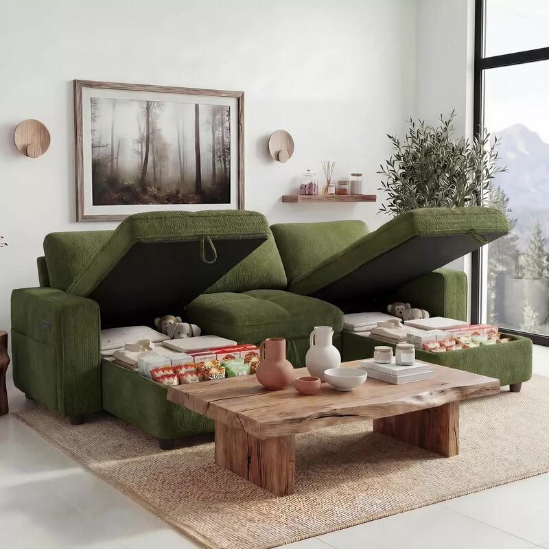105" U-Shaped Sleeper Sofa Bed, Chenille Pull Out Couch with Reversible Storage Chaise, 5-Position image number 2