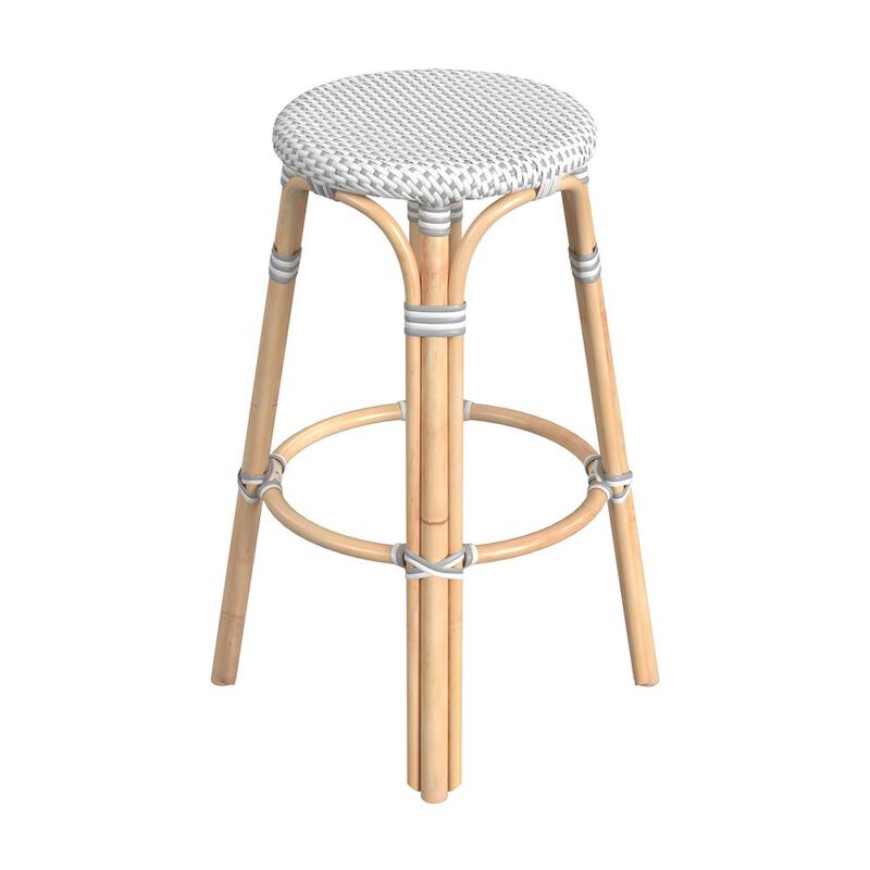 Butler Specialty Tobias Round Rattan 30 Bar Stool, White and Gray Dot
