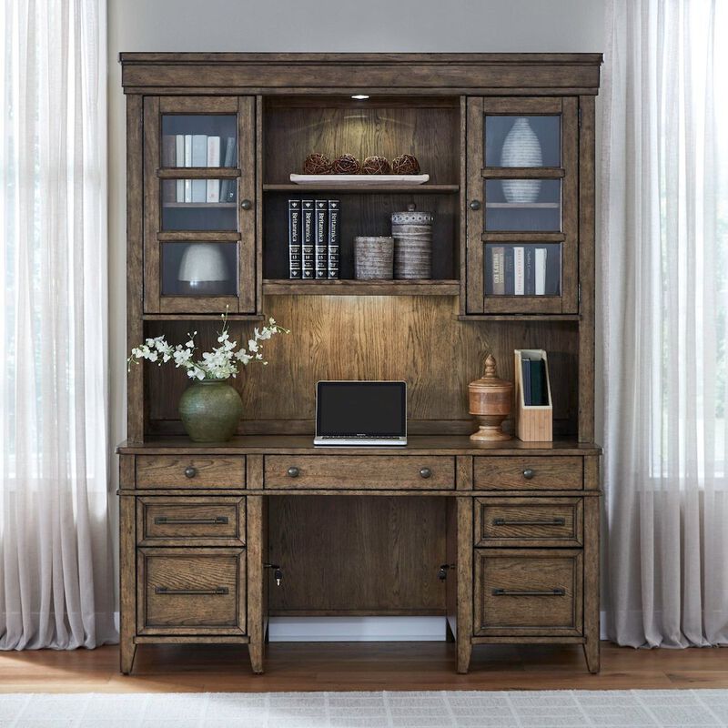 Liberty Furniture Credenza & Hutch with LED Light, Keyboard Tray - Amber Brown Oak Wood image number 7