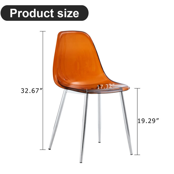 Modern simple golden brown dining chair plastic chair armless crystal chair Nordic creative makeup stool negotiation chair 4piece set silver metal leg tw1200