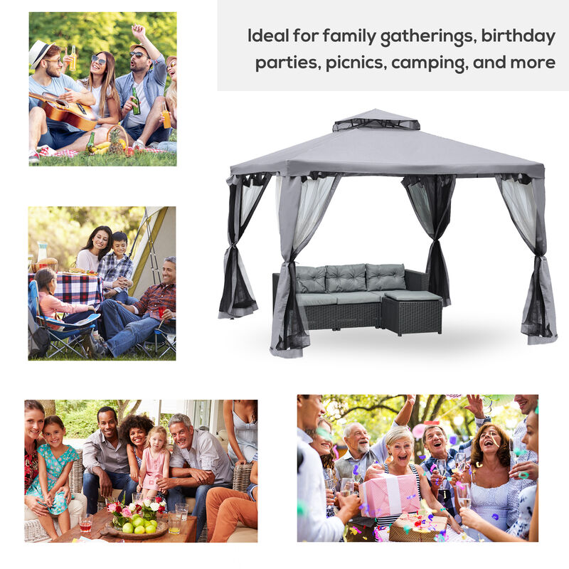 Outsunny 10' x 10' Patio Gazebo Outdoor Canopy Shelter with 2-Tier Roof and Netting, Steel Frame for Garden, Lawn, Backyard and Deck, Gray