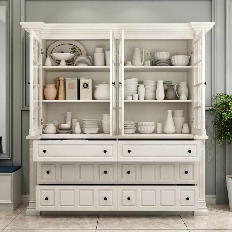 FUFU&GAGA Modern Kitchen Cabinet with 4 Glass Doors & 6 Drawers, Painted Finish, Black Handles, (74.8 in. W x 17.7 in. D x 74.8 in. H), White