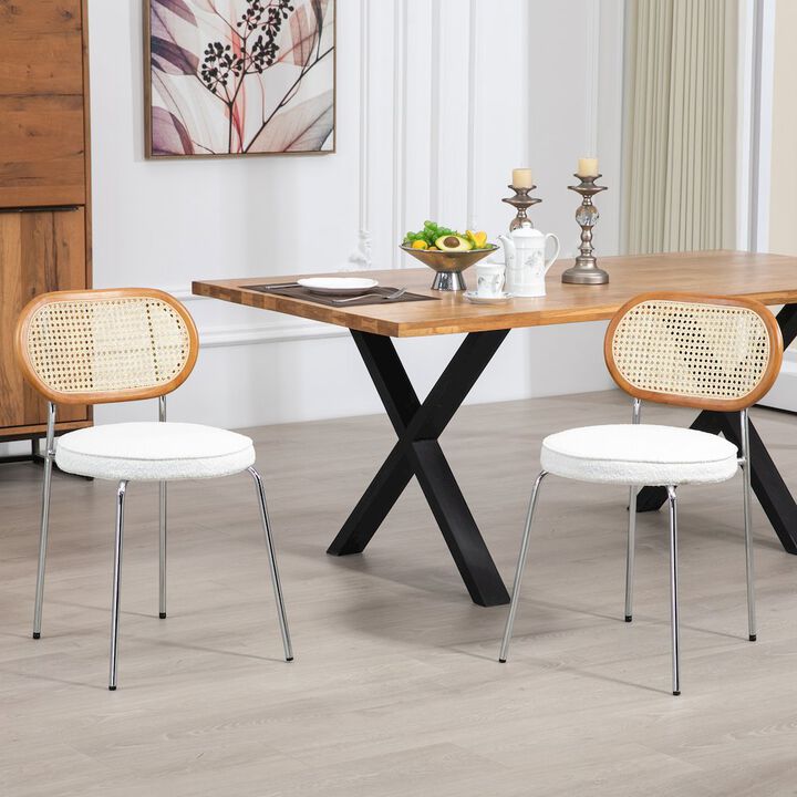 Glamour Home Set of 2 White Boucle Fabric Dining Chair Rattan Backrest and Chrome Legs