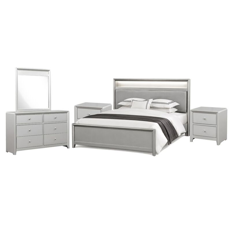 Broy 5pc Queen Bedroom Set, LED Bookcase Headboard, 2 Nightstands, Silver image number 0