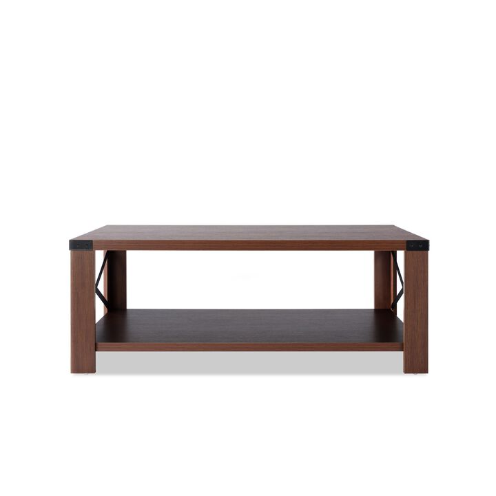 Miles 47 Inch Wood Rectangular Coffee Table with Open Shelf, Classic Brown-Benzara