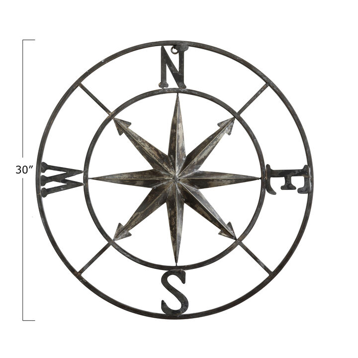 Round Metal Compass Wall D&eacute;cor, Distressed Silver Finish