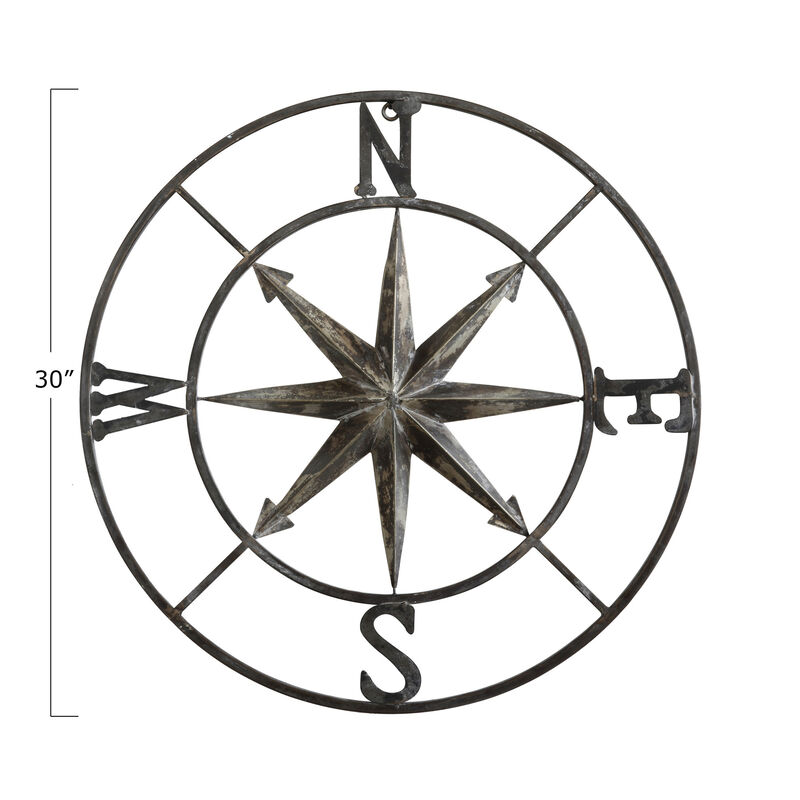Round Metal Compass Wall D&eacute;cor, Distressed Silver Finish image number 1