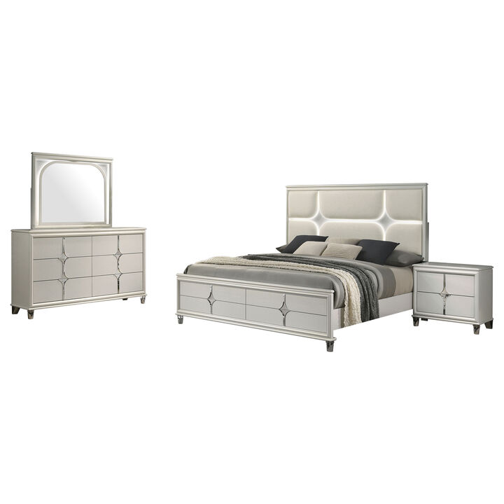 Ory 4pc Queen Bedroom Set, LED Lights, Diamond Star Design, White Wood