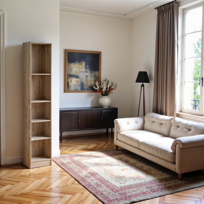 FurniFact Brown Tall Narrow Book Shelf - Compact Small Bookshelf with 5 Shelves