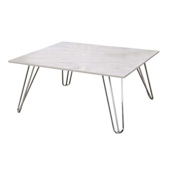 36 Inch Square Coffee Table with White Faux Marble Top, Chrome Hairpin Legs - Benzara
