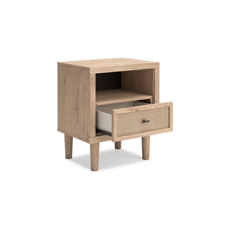 Ciel Nightstand w USB LED, Faux Linen Laminate, Cane Drawer, Oak Brown - Benzara