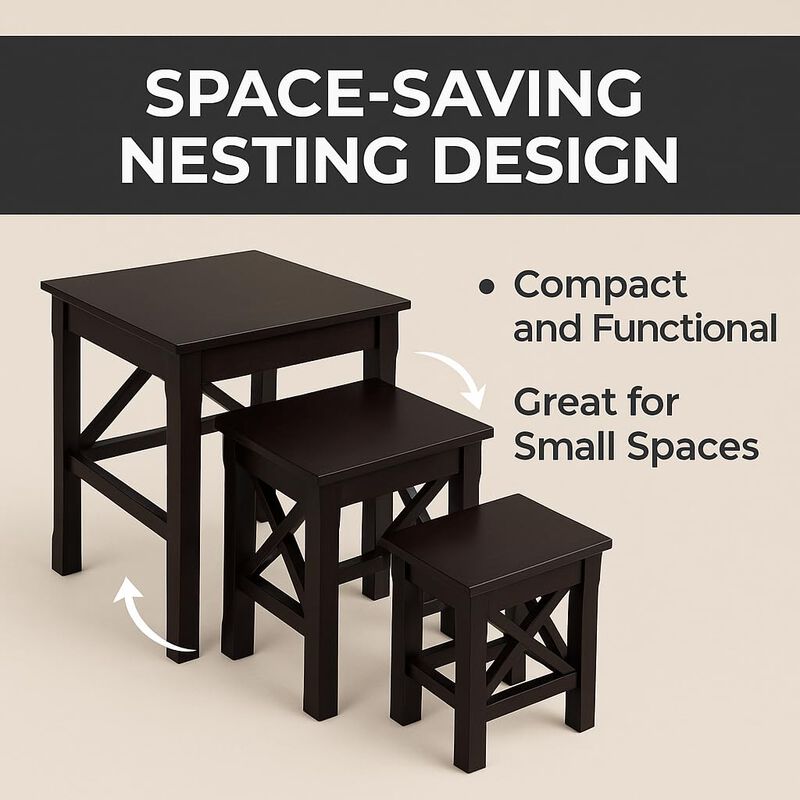 Ergode Xola 3-Pc Nesting Table Set - Solid Wood, Cappuccino Finish, 'X' Cross Design, Space-Saving, Multi-Functional Accent & End Tables - Large: 21.1" W x 17.3" D x 22.1" H, Easy Assembly image number 3