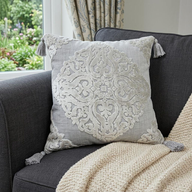 HomeRoots 18" Silver And Gray Medallion Viscose Throw Pillow Cover with Tassels image number 1