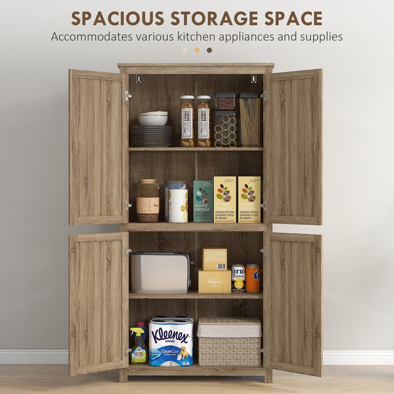 64" Natural Rattan Kitchen Pantry: 4 Doors, 4-Tier Shelves
