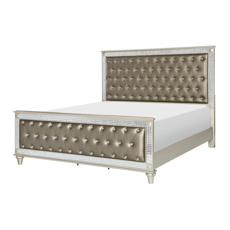 Juhi Queen Size Bed, Button Tufted Gray Faux Leather, Crystals Trim, Wood - Benzara