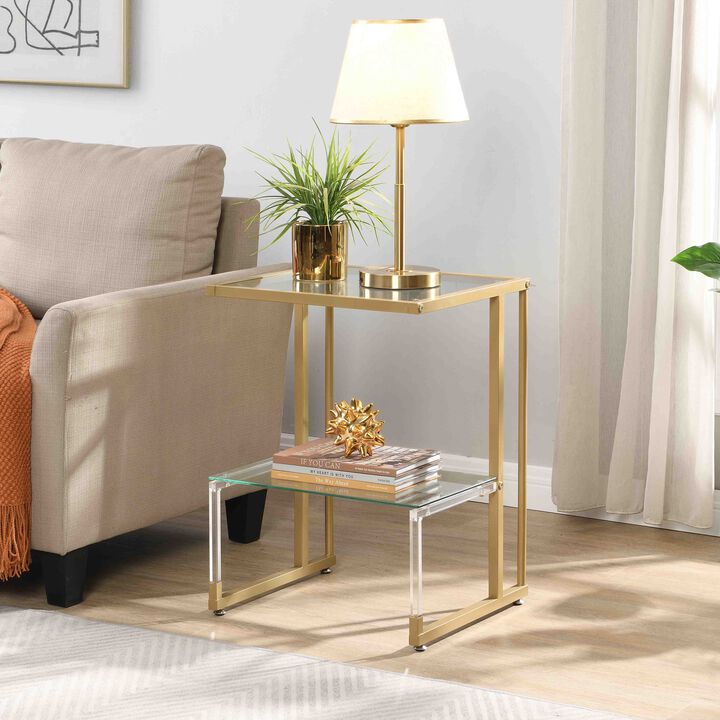Hivvago 2Tier Acrylic Glass End Table with Golden Side for Living Room