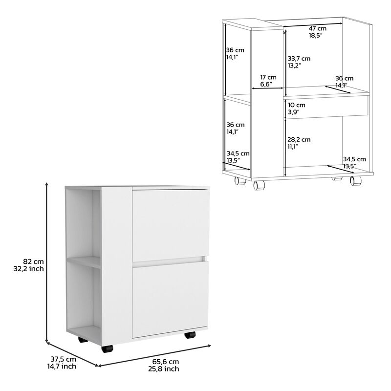 32" H  white bar-coffee cart, Kitchen or living room furniture with 4 wheels, folding surface, 2 central drawers covered by folding doors, storage for glasses, snacks.