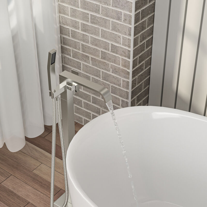 Brushed Nickel Free Standing Tub Faucet Floor Mounted Tub Filler Faucet Brass Bathroom Tub Faucets with Hand Shower
