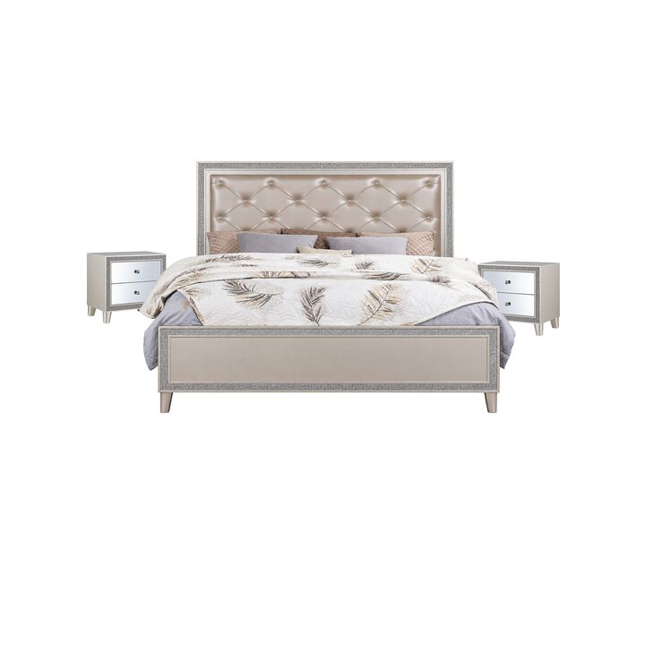 3pc King Bedroom Set, Upholstered Design, Silver, 2 Nightstands