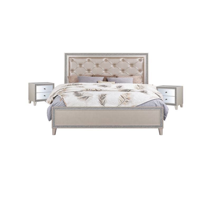 3pc King Bedroom Set, Upholstered Design, Silver, 2 Nightstands image number 0