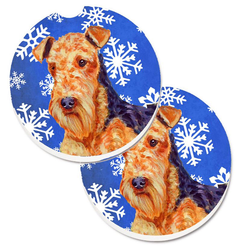 Caroline's Treasures Airedale Winter Snowflakes Holiday Set of 2 Cup Holder Car Coasters LH9291CARC, 2.56, Multicolor image number 0