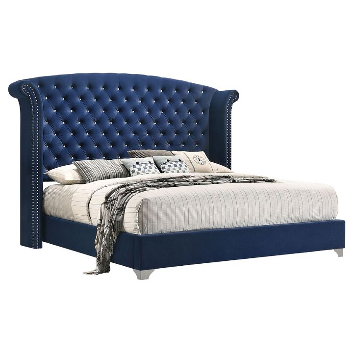 Giya 4pc King Bedroom Set, Classic Tufted Dark Blue Velvet Upholstery