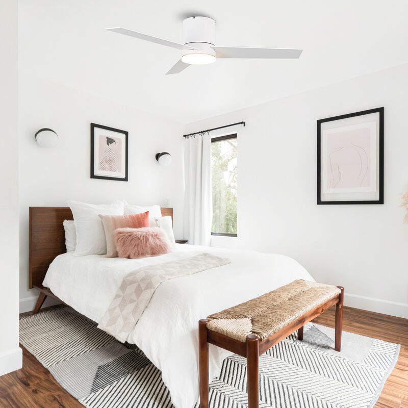 48" Modern White LED Flush Mount Ceiling Fan with Remote Control