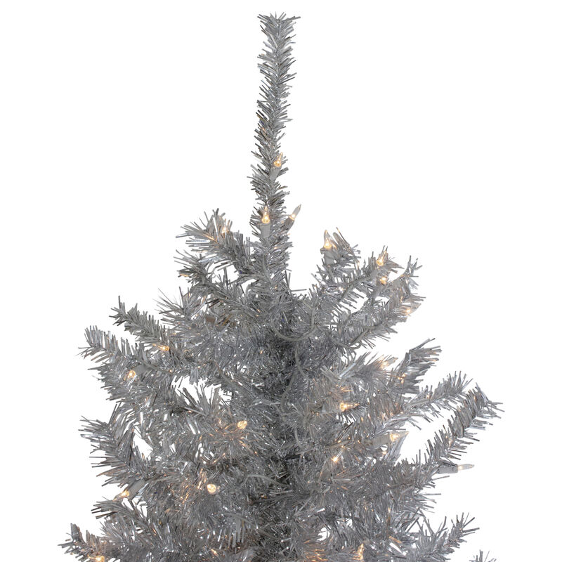 7.5' Pre-Lit Silver Tinsel Pine Slim Artificial Christmas Tree - Clear Lights