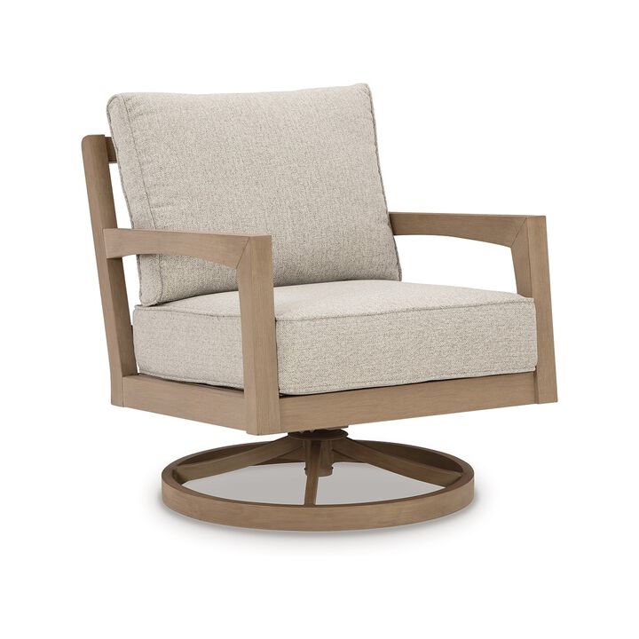 Karo 35 Inch Outdoor Swivel Lounge Chair, Cushioned Seat, Beige, Brown - Benzara