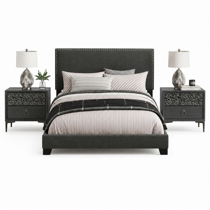 King Bedroom Set, Espresso Brown, Silver, Black Wood, 3 Piece Set with 2 Nightstands