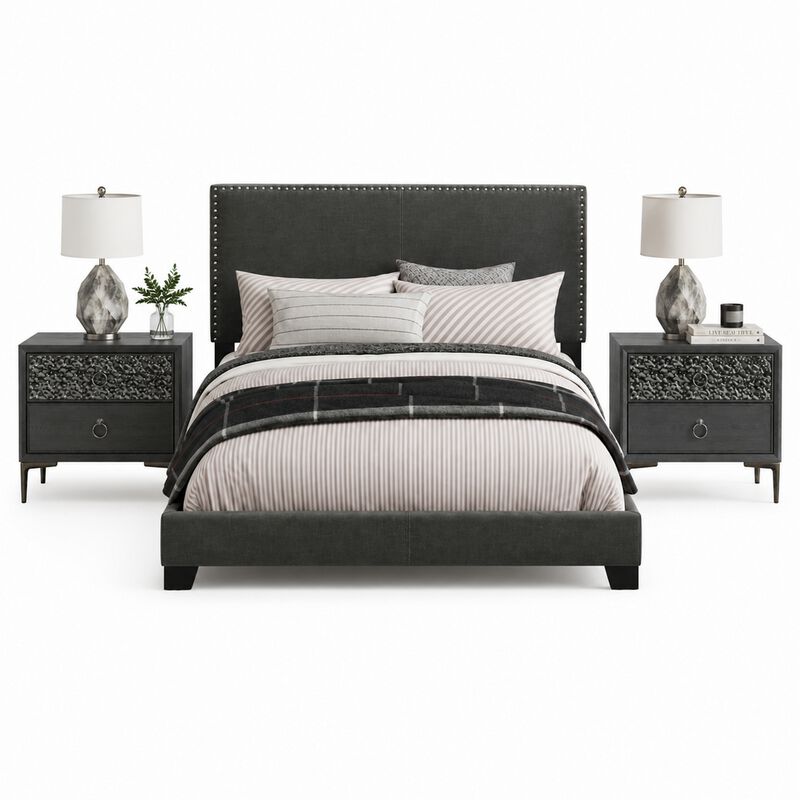 King Bedroom Set, Espresso Brown, Silver, Black Wood, 3 Piece Set with 2 Nightstands image number 0